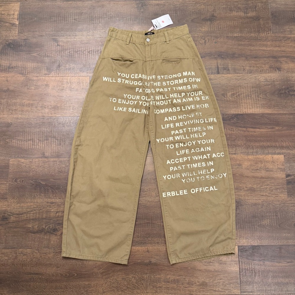 Micas Khaki Tan Graphic Text Print Wide Leg Pants Streetwear Trousers Size M NEW